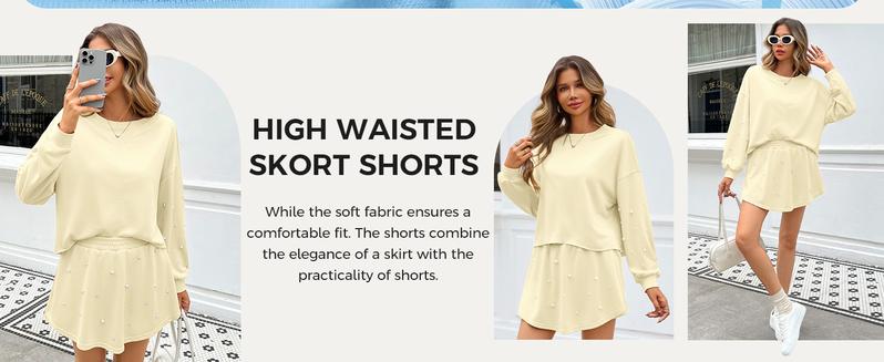 Fisoew Womens Casual 2 Piece Outfits Decor Pearl Long Sleeve Sweatshirt and Fall Loose Skort Mini Skirt Sets Womenswear Crewneck Clothes #Springtok #ValentinesDay