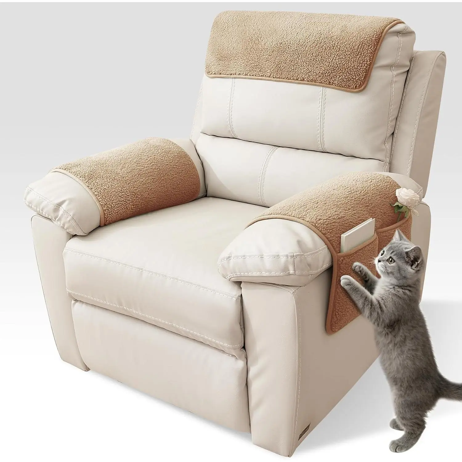 Universal Sherpa Recliner & Armchair Covers with Pockets |   Pockets on Both Sides, Soft Sofa Armrest Backrest Protectors, Pet Friendly, Washable, Non-Slip, Easy Setup, Camel