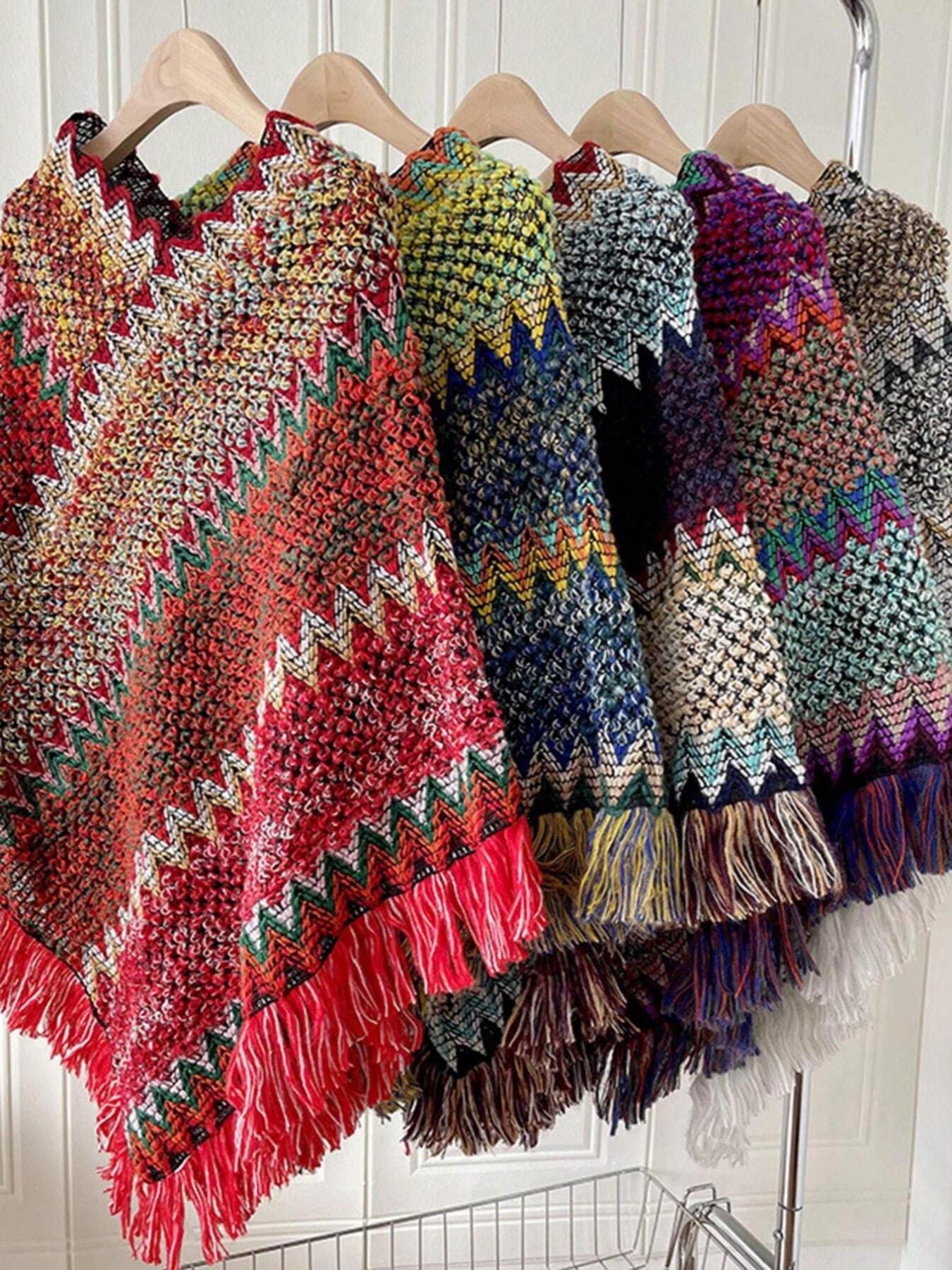 1pc Herringbone Tassel Shawl, Boho Style Shawl, Shawl Cape, Fashion Versatile Travel Poncho, Warm Scarf Wrap, Tassel Decor Shawl