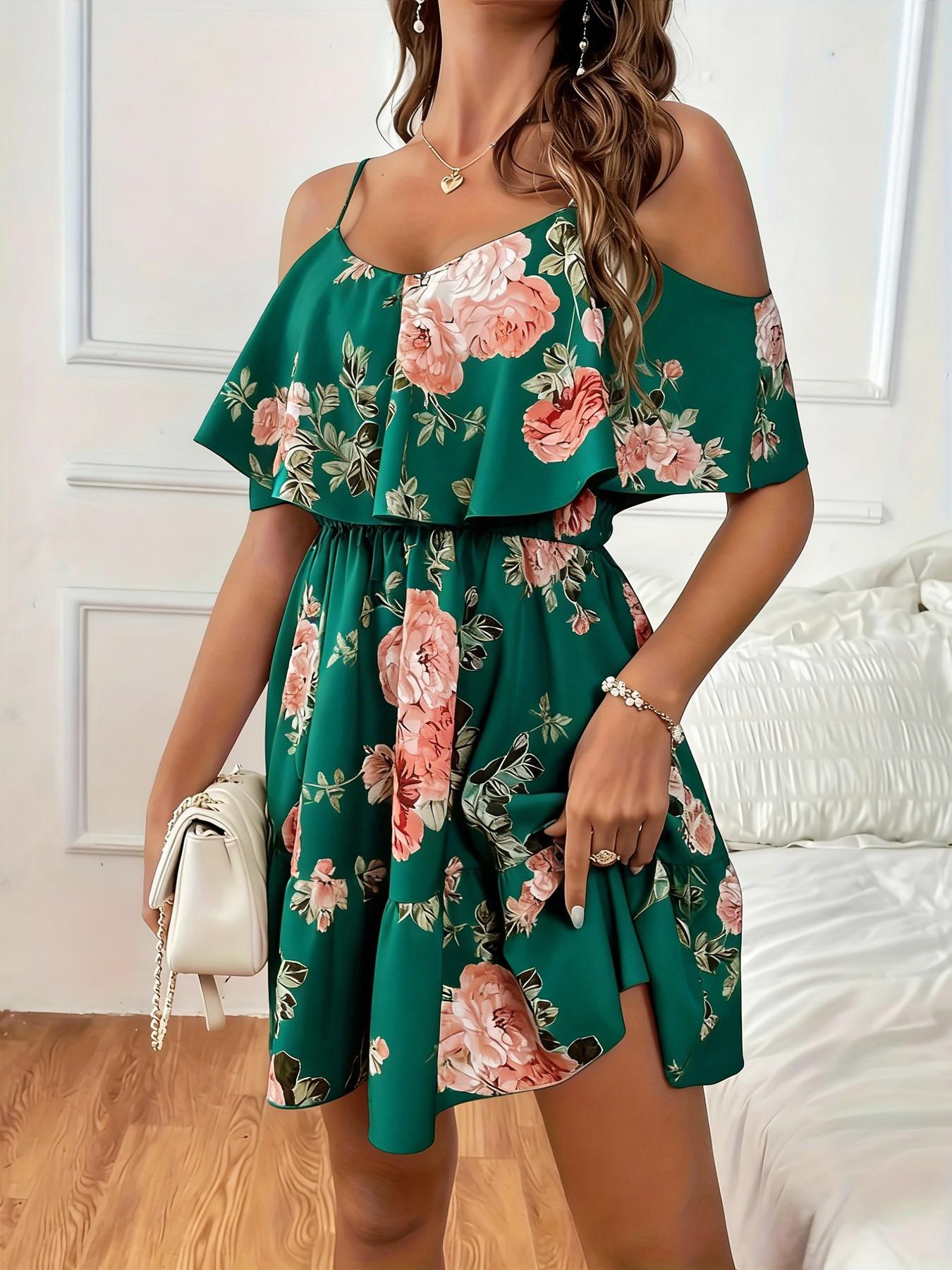 Women's Summer Casual Fashion Backless Strapless Ditsy Floral Dress, Boho Vacation Style Slimming Fit, Short Sleeve Fitted Dress