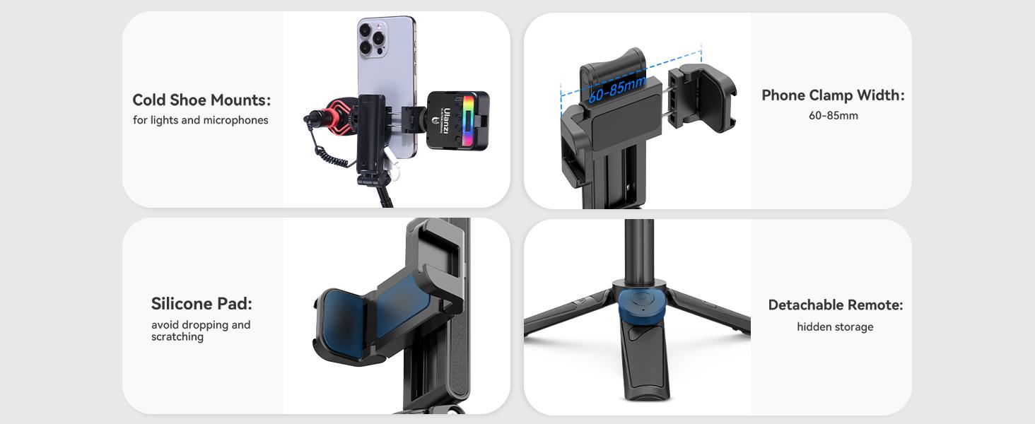 ULANZI JJ02 Selfie Stick Tripod, Extendable Grip Phone Tripod with Detachable Remote Pocket Size, Cellphone Accessories, 3-in-1 Mini Phone Grip 2 Cold Shoe, 10m/393.7'' Wireless Shutter, Vlog Livestreaming Photography