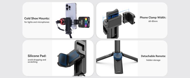 ULANZI JJ02 Selfie Stick Tripod, Extendable Grip Phone Tripod with Detachable Remote Pocket Size, Cellphone Accessories, 3-in-1 Mini Phone Grip 2 Cold Shoe, 10m/393.7'' Wireless Shutter, Vlog Livestreaming Photography