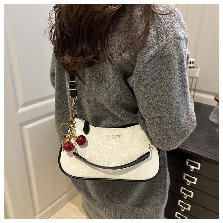 Women's Viral Cherry Charm Synthetic Baguette Bag - Cute Mini Shoulder Bag with Gold Chain, Ideal for Brunch, Date Night, Crossbody Daily Use