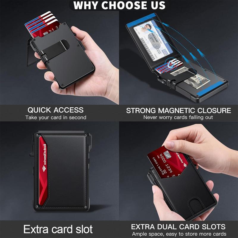 Minimalist Men’s Slim Wallet: 9 - 13 Cards, Money Clip, ID Window. RFID - Blocking, Aluminum Bifold Pop - Up