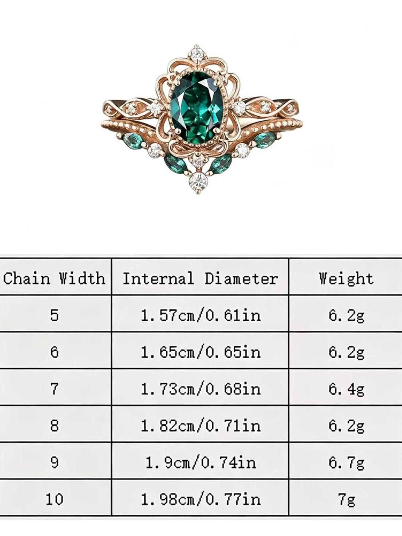 Trendy Emerald Zircon Ring, Sweet European Style Alloy Band, Zircon Wedding Rings, Rose Matching Set, Perfect for Thick Fingers