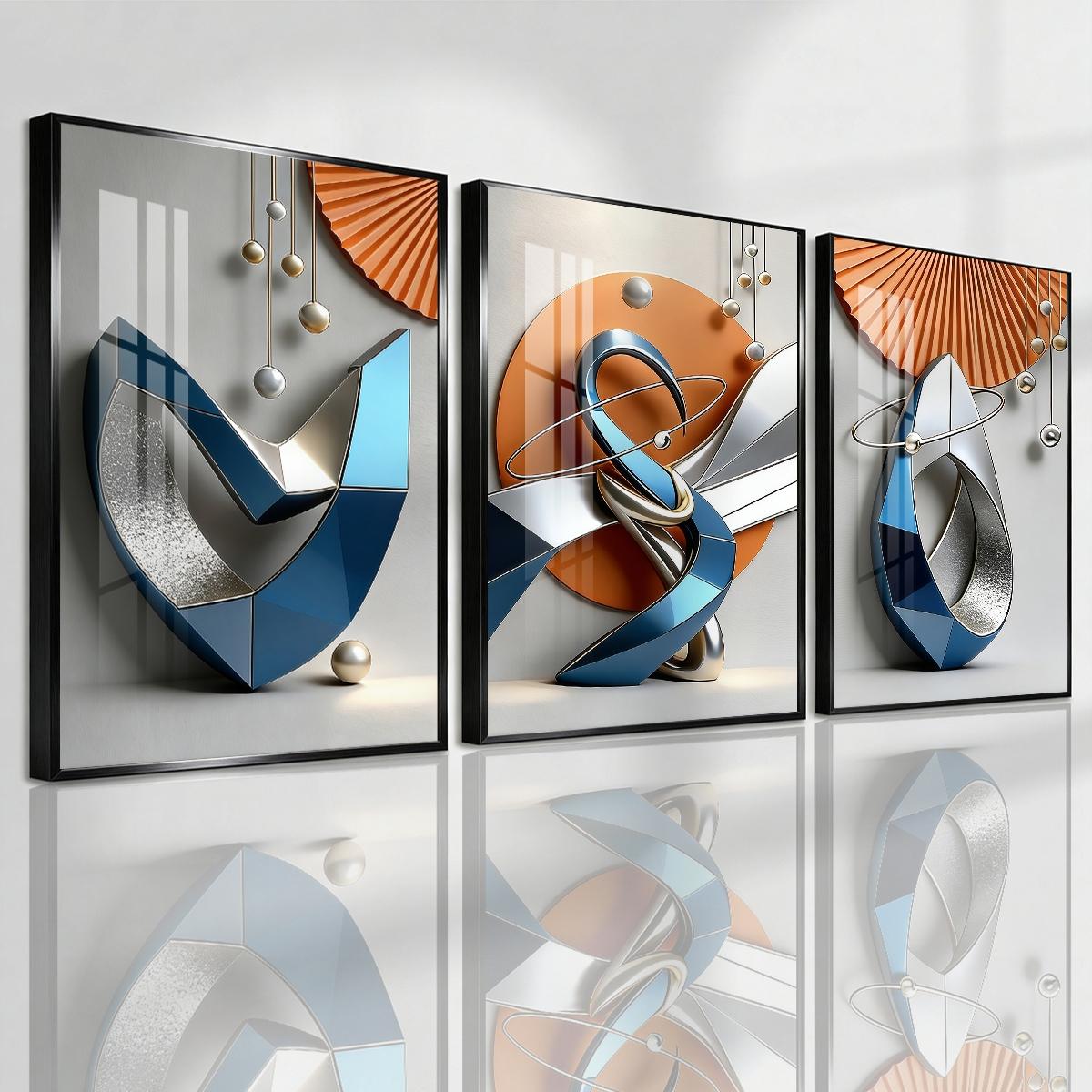 3 Counts Aluminum Alloy Framed Painting, Modern Geometric Abstract Metal Art Pictures, Home Decoration For Living Room, Bedroom, Office, Restaurant, Hallway Wall Decor, Odorless Print Artwork, Luxury Perfect Gift For Friends And Family