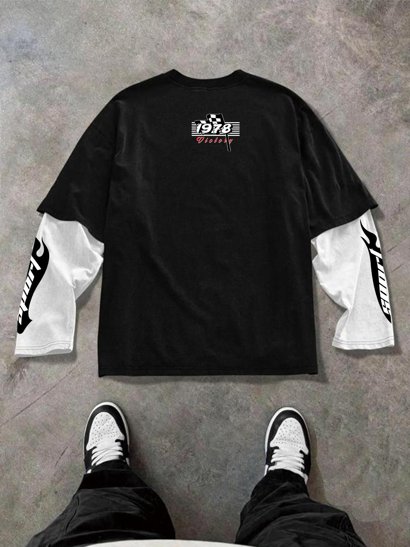 Men's New Spring Autumn Long Sleeve Patchwork Motorcycle Badge Print Casual Fitted Short Top, Unisex Fashion Tee, Streetwear, Menswear