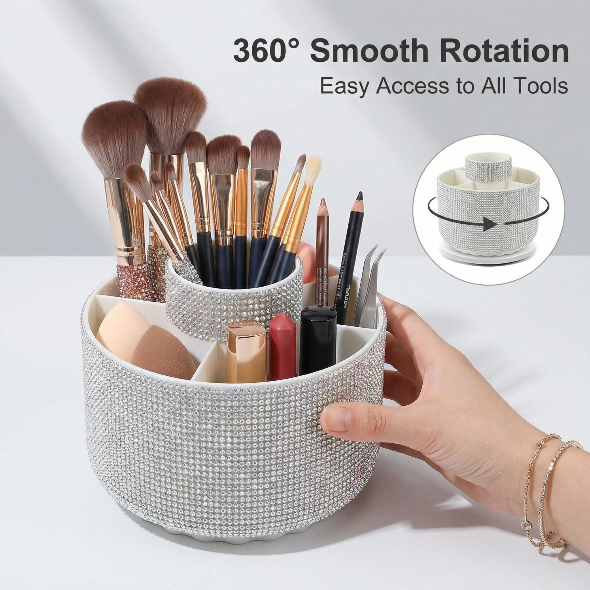 Luxury Rhinestone Makeup Brush Holder Storage Box, 360° Rotating Cosmetic Organizer with Multiple Compartments, Suitable for Women and Girls