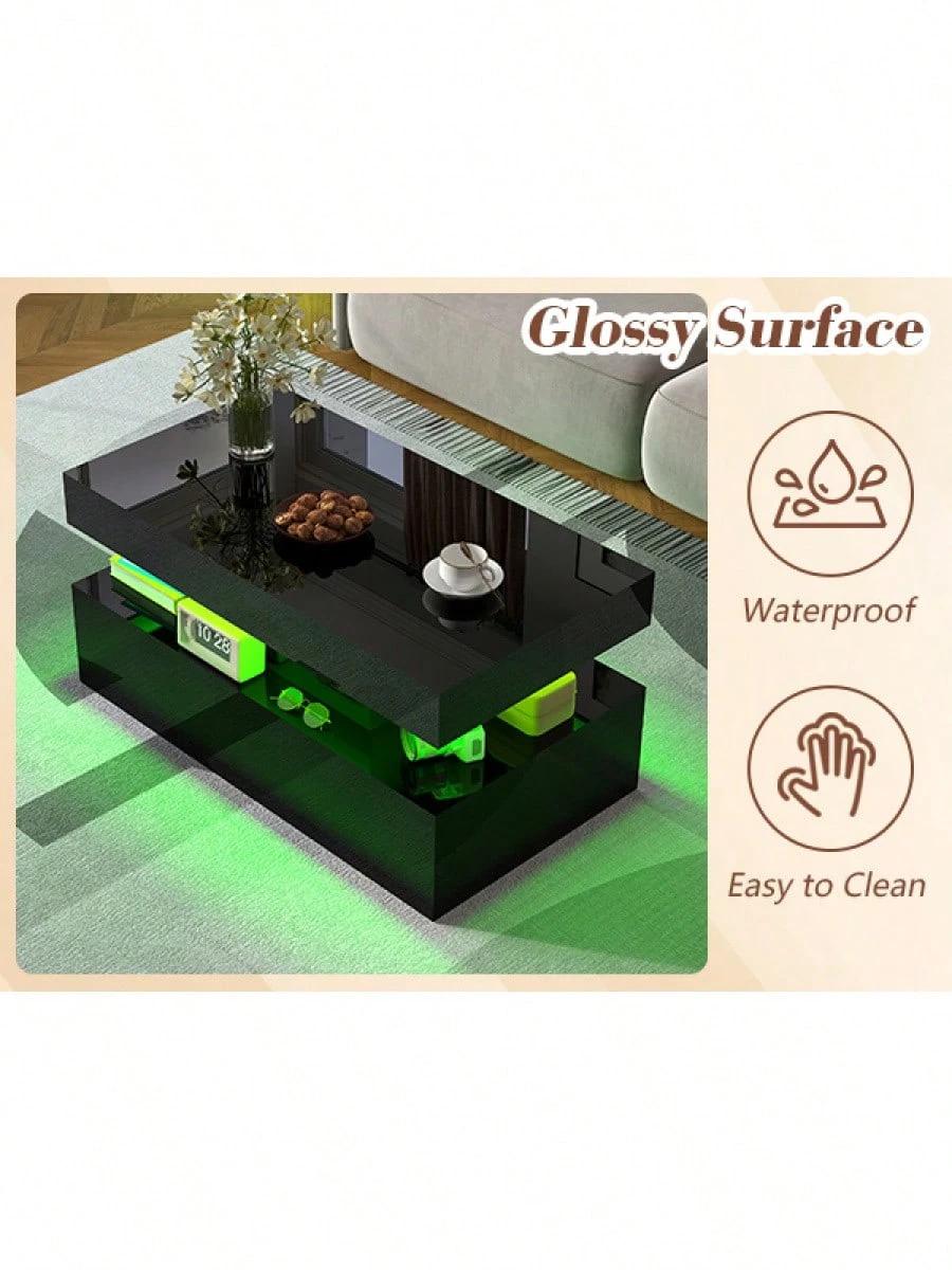 Living Room Coffee Table With LED Light, Modern High Gloss Center Table With Storage