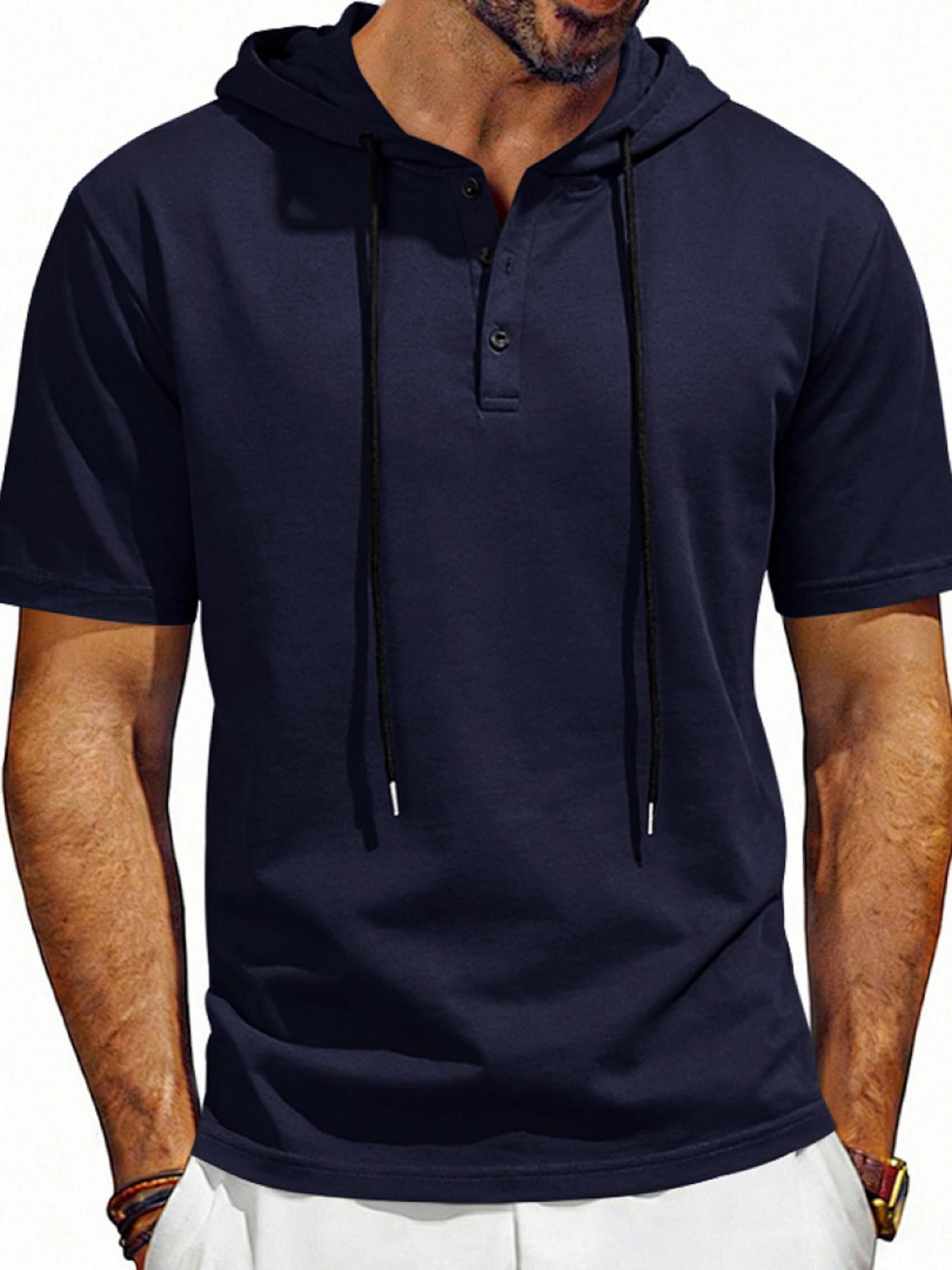 Men's Loose Fit Vintage Hooded Henley Shirt, Short Sleeve Summer Casual Top, American Style Cross-Border Fashion Apparel