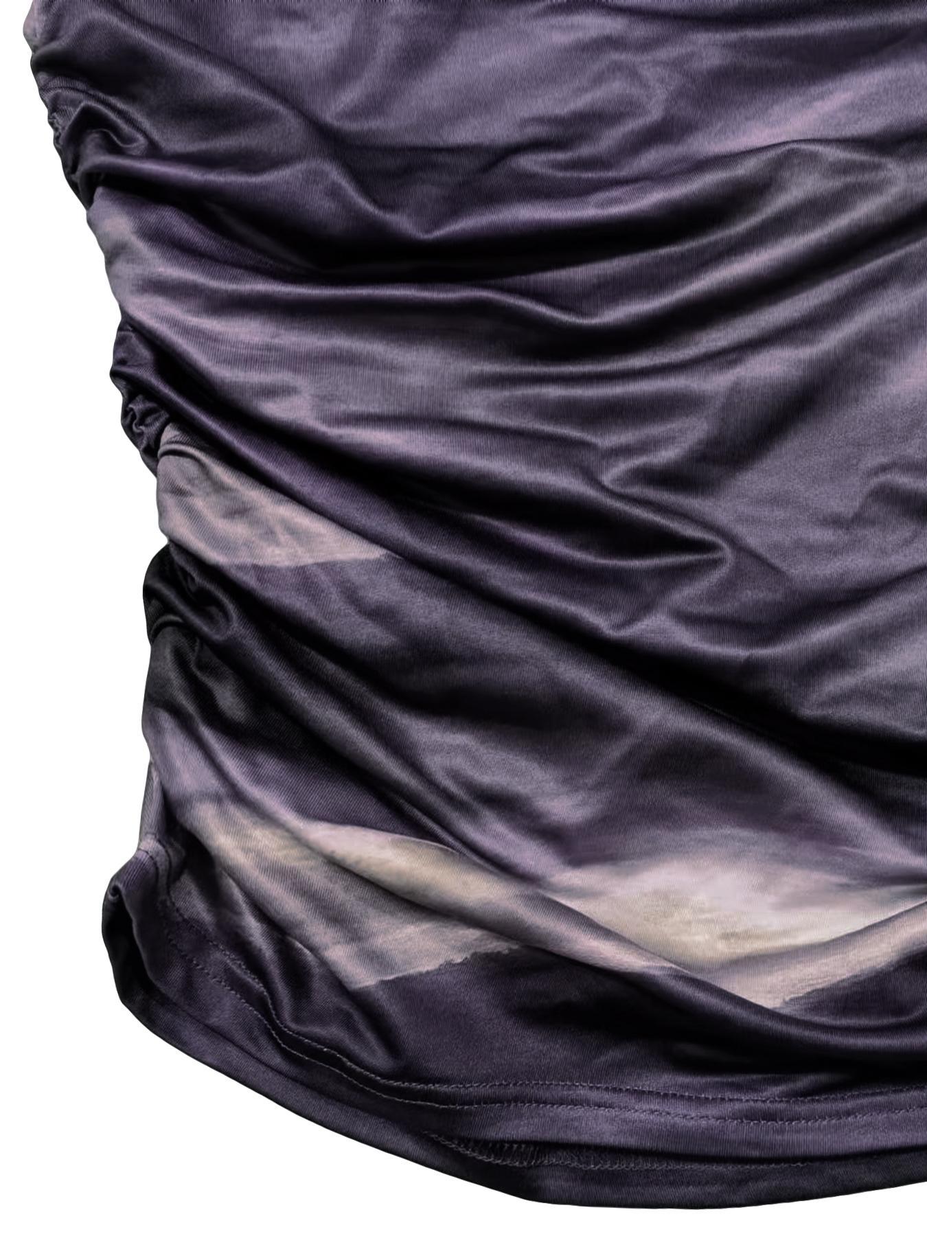 Women's Marble Print Ruched Asymmetrical Neck Tee, Casual Long Sleeve T-Shirt for Spring & Fall, Women's Clothing for Daily Wear