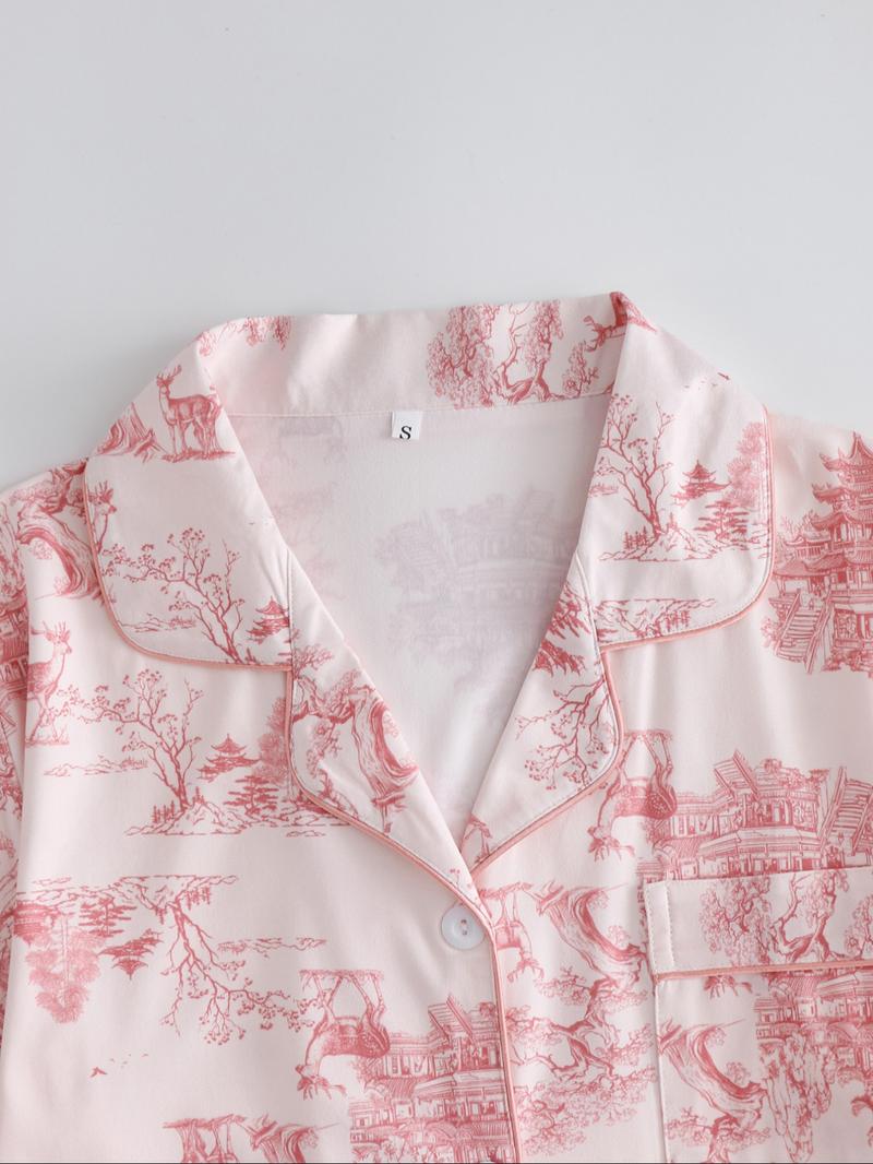 【Plus Size】 Two-Piece Set Landscape Ink Painting Print Shirt & Pants Pajama, Casual Comfy Long Sleeve Lapel Neck Button Front Pocket Top & Elastic Waist Trousers Pj Set, Women's Sleepwear for All Seasons