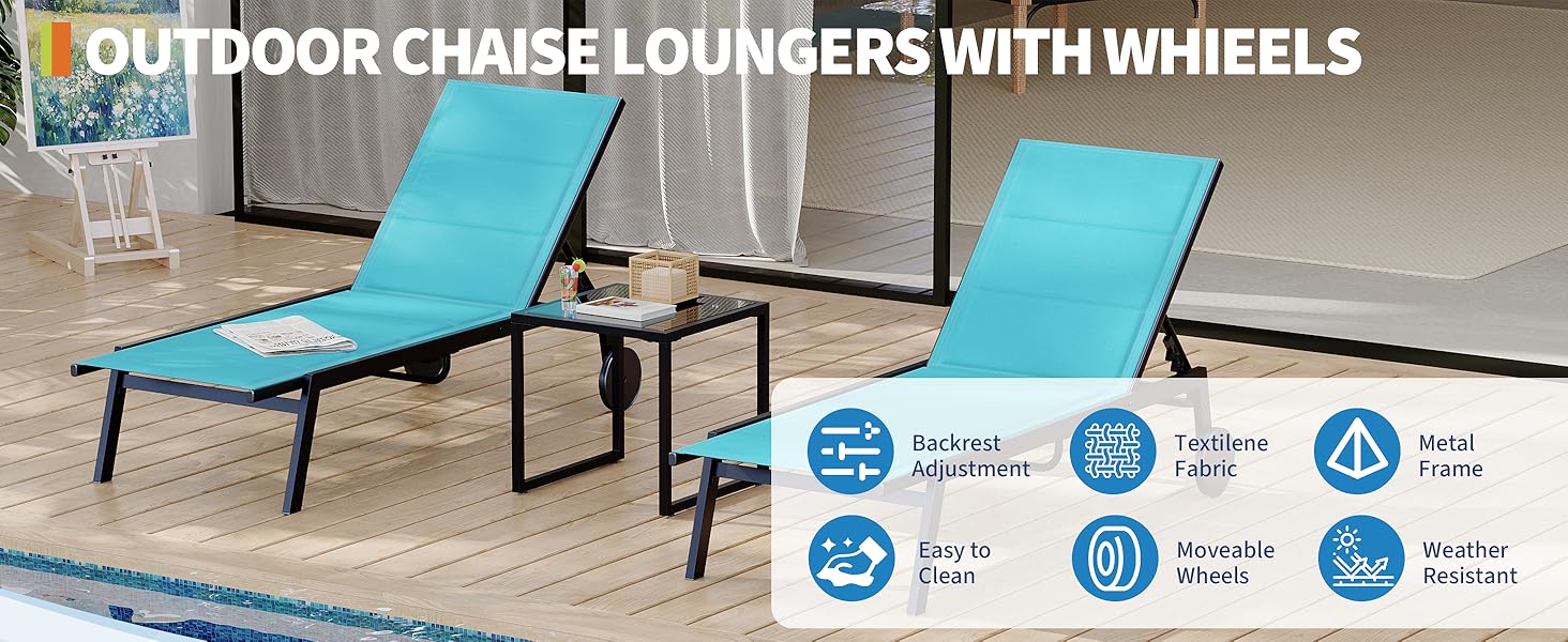 GARVEE3-Piece Patio Chaise Lounge Set with Adjustable Backrest, Side Table, and Wheels - Ideal for Poolside and Outdoor Relaxation