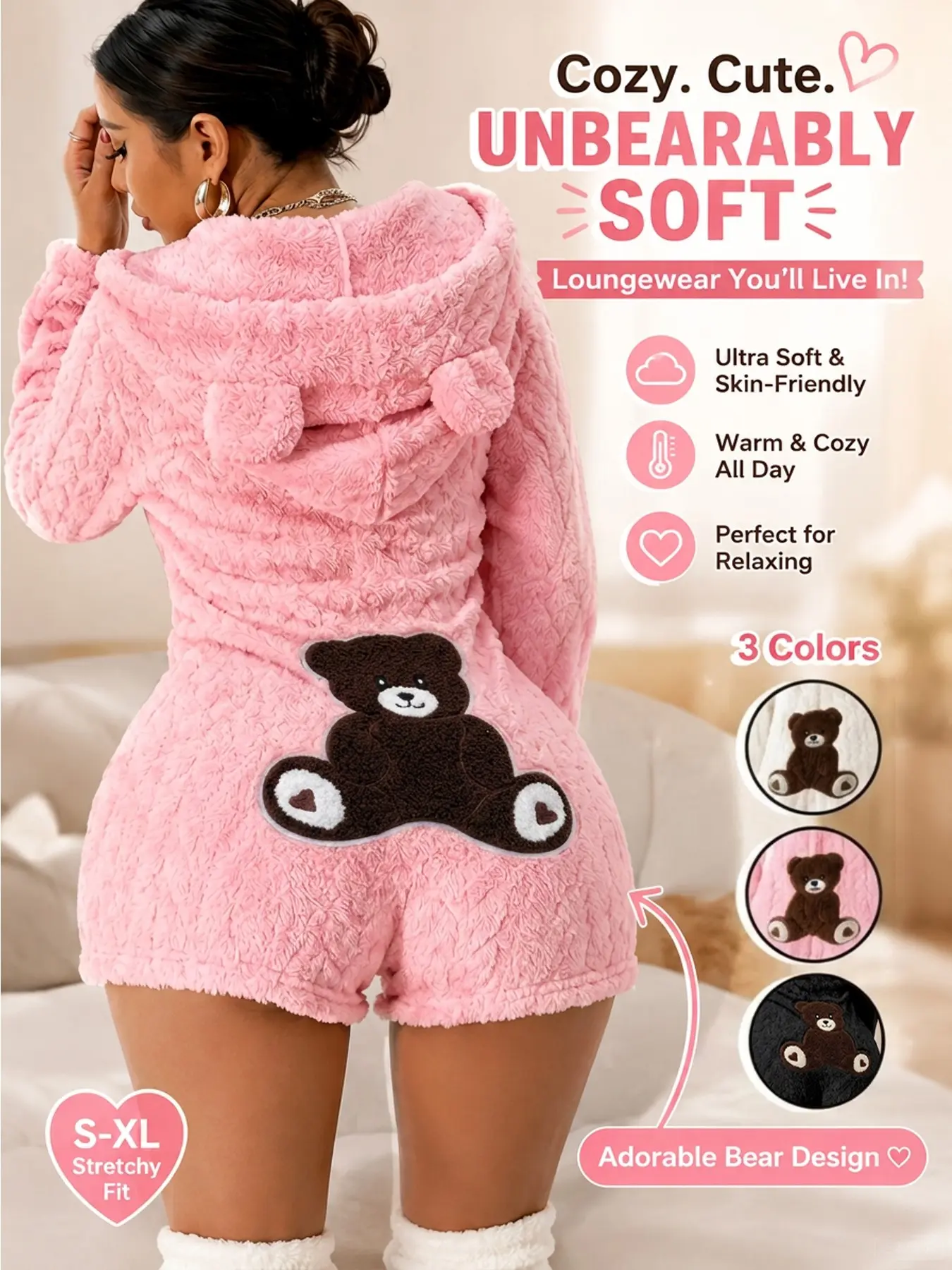 Women's Cozy Plush Sherpa Romper with Bear-Ear Hood, Ultra-Soft Teddy Bear One-Piece Pajamas, Cute Teddy Bear Sherpa Romper，Warm Fall & Winter Loungewear，
