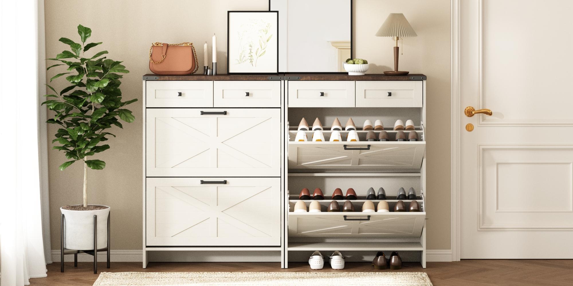 Farmhouse Shoe Storage Cabinet with 2 Hidden Flip Drawers & 2 Drawers – Narrow Freestanding Shoe Rack Organizer with Adjustable Shelves for Entryway