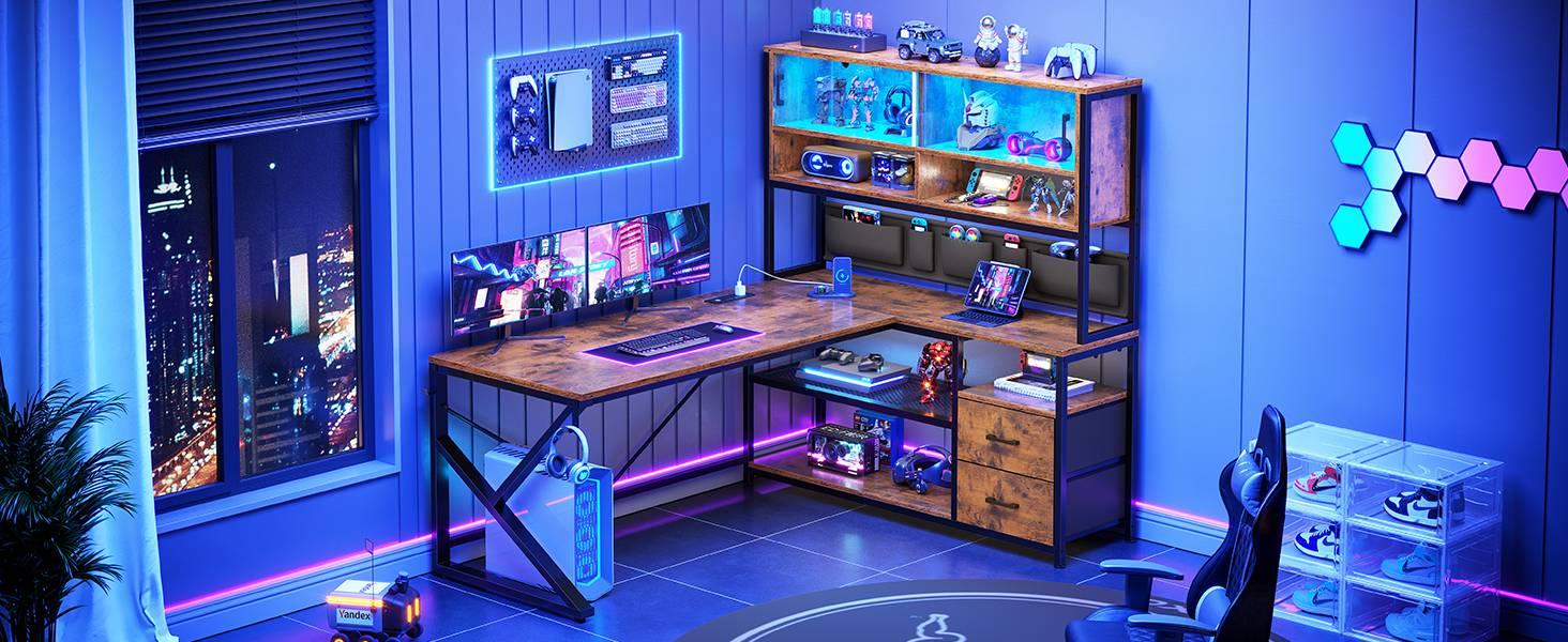 Sedeta L-shaped Computer Desk Home Office with 2 Drawers & Hutch Game Table LED Lights Glass Cabinet Storage Pockets Gaming Keyboard Wood Workstation