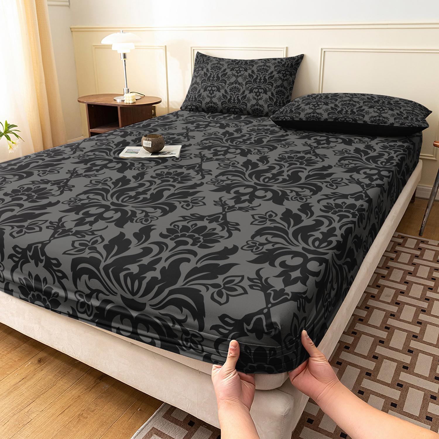 3pcs Fitted Sheet Set (1 Fitted Sheet + 2 Pillowcases, Pillow Core Not Included), Home Dormitory High-Definition Printed Black Pattern Fitted Sheet