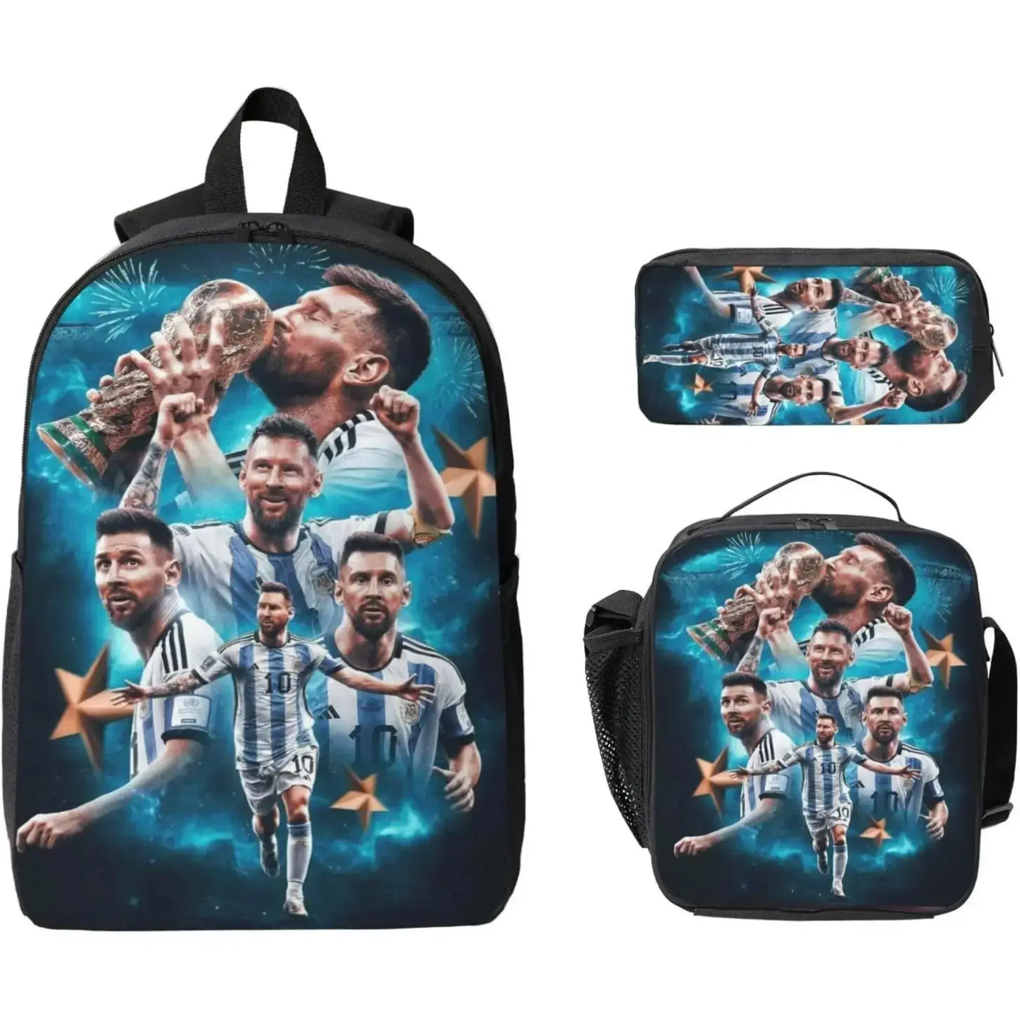 Unisex Youth Soccer-Themed 3-Piece Casual Backpack Set - Adjustable Buckle High-Capacity Lightweight Laptop Backpack, Lunch Bag, Pencil Case, Hand-Washable for Students (First Day of School, On the Road), Adjustable Buckle Backpacks