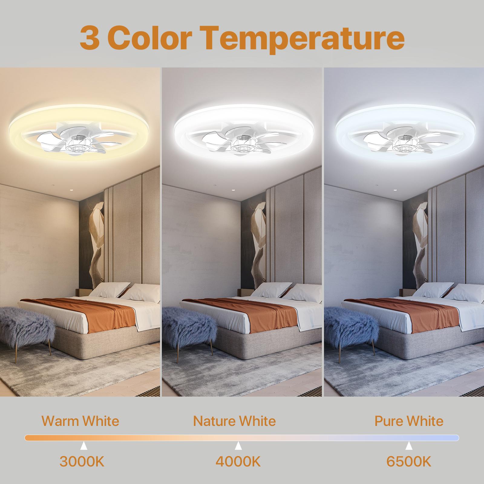 GALENTAL Modern Dimmable LED Ceiling Fan with Lights ,Ceiling Fan With Light Remote, 3 LED Color(3000K/4000K/6500K) Temperature, 6 Speed Noiseless AC Motor, Timer Setting,Adjustable Brightness,White Fandelier Ceiling Fans for Bedroom,Living room,bathroom