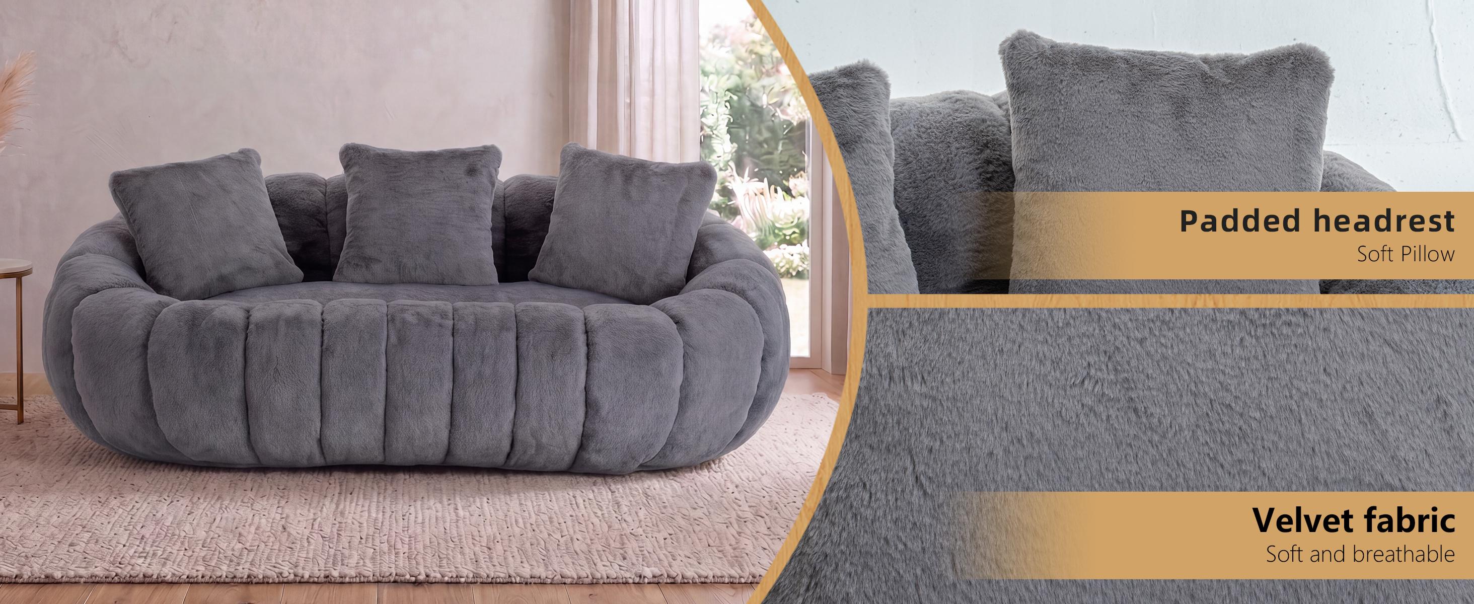 Fluffy Bean Bag Loveseat, Cloud Giant Bean Bag Couch for Adults with Filling and 3 Pillow, Soft Faux Fur Floor Sofa & Cozy Reading Chair for Bedroom, Living Room, Apartment (Grey, Lovesear)
