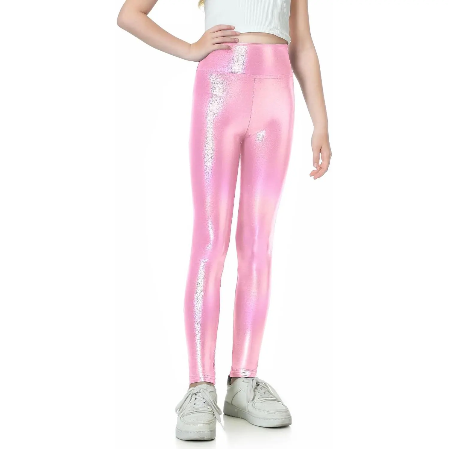Girls Metallic Shine High-Waist Wide-Band Full-Length Stretch Yoga Pants - Buttery-Soft, Quick-Drying, Ideal for Dance, Yoga, Run