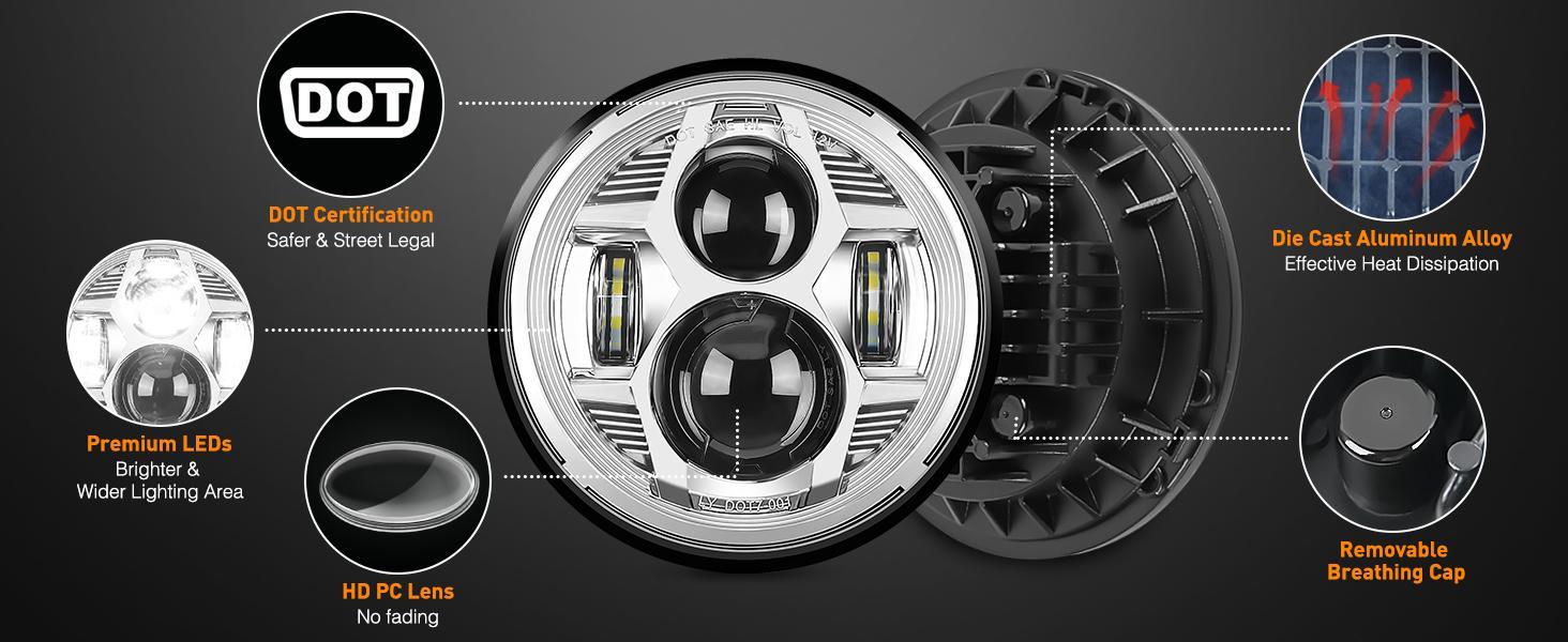 Nilight Motorcycle LED Headlamp Kit - 7in Front Lights, 4.5in Chrome Waterproof Durable Fog Lights, Cooling LED Upgrade & Replacement for Motorcycles, Led Lights, 4.5 Inch Fog Light