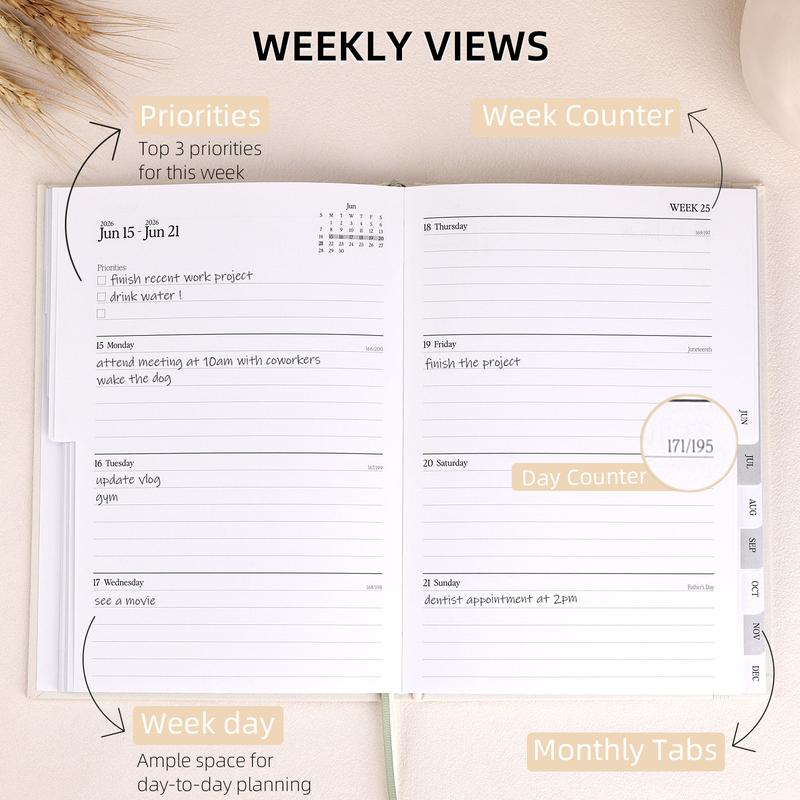 2026 Planner - Weekly and Monthly Productivity Planner, Jan 2026 - Dec 2026, Linen Hardcover Planning Agenda book with Tabs, Aesthetic, Academic, Perfect for Office Home School Supplies