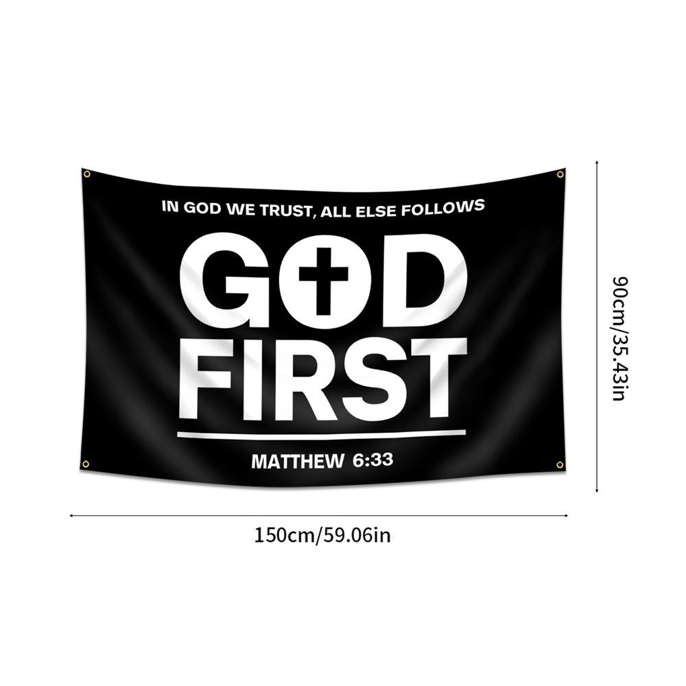 GOD FIRST Flag 150x90cm  Single Sided Flag with 4 Brass Grommets - Jesus Christ American Polyester Flags for Outside or Inside -Christian Jesus Bedroom Wall Decor Jesus flag,Christmas Banner, Outdoor Balcony Yard Decor, Holiday Party Decorations Banners