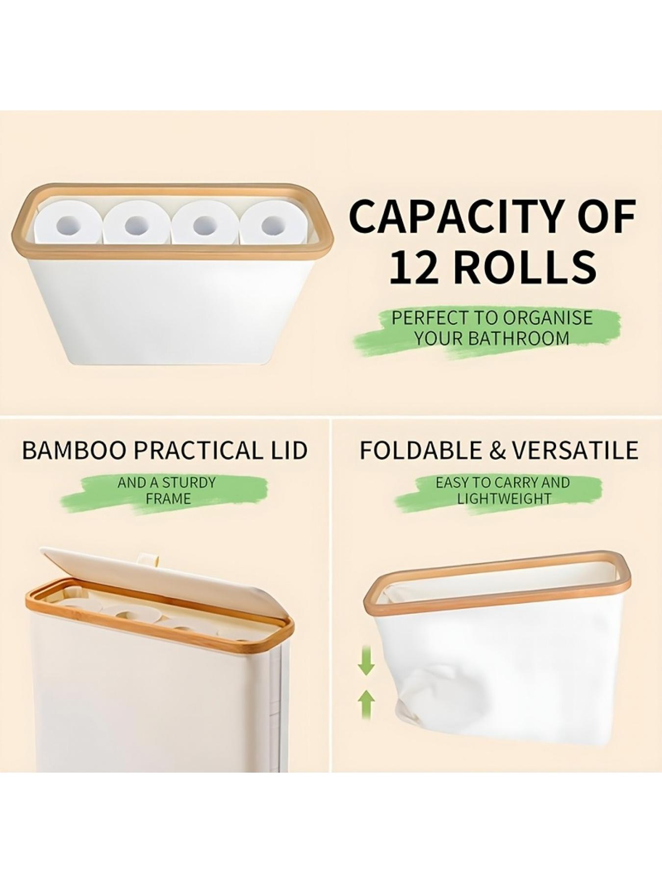 12 Rolls Bamboo Storage Rack with Lid - 7.93 Gallon Capacity, Modern Fabric Storage Basket, Multi-Functional Organizer with Handles, Durable Bamboo Bathroom Organizer and Storage Shelf Basket