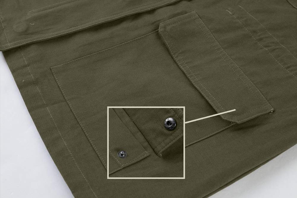 Jacket pocket detail with flap and metal hardware