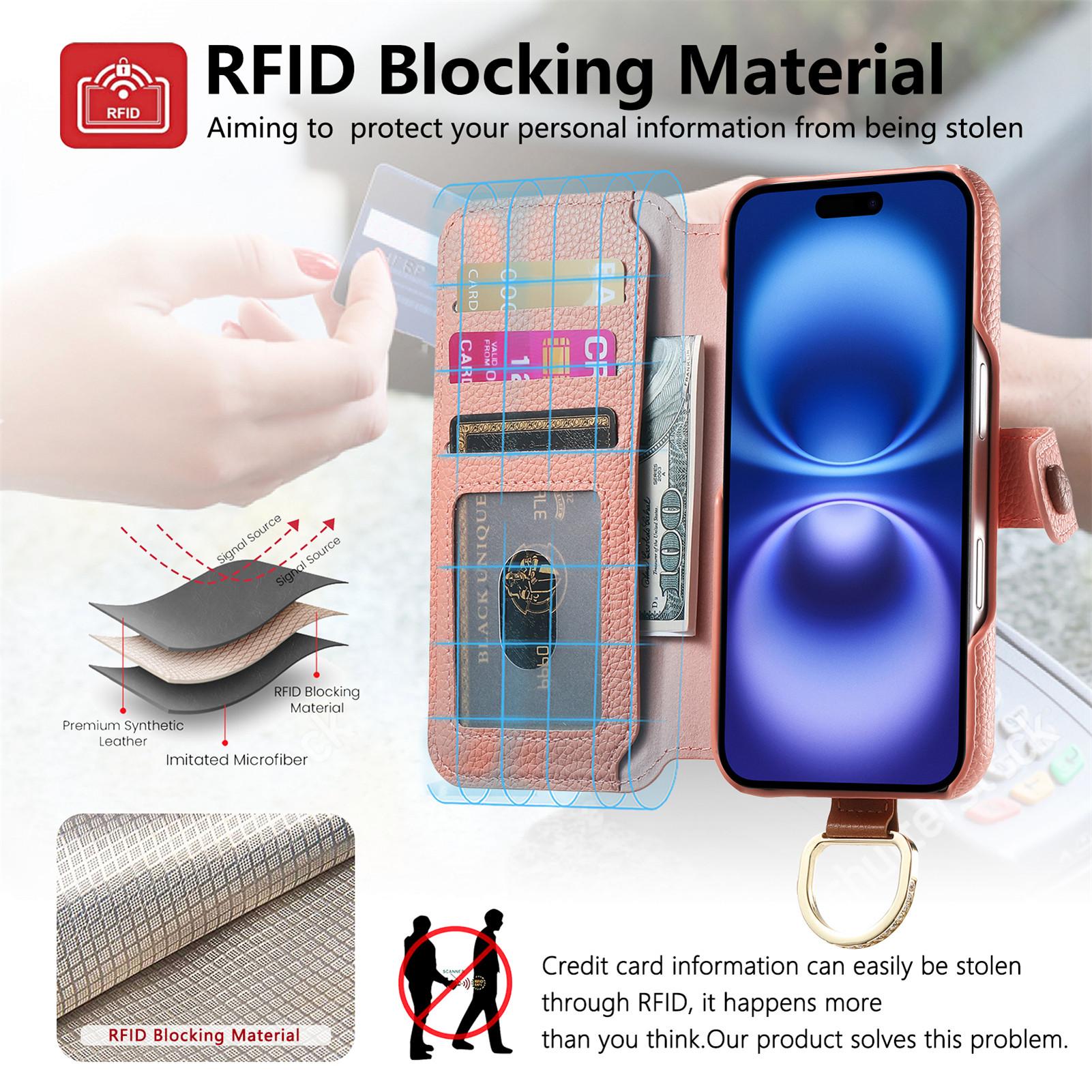 Leather Wallet Phone Case with Ring Strap Holder Stand, Multi Card Slots, Zipper Phone Pouch and Magnetic Closure, Fits iPhone 17/16/15 Series