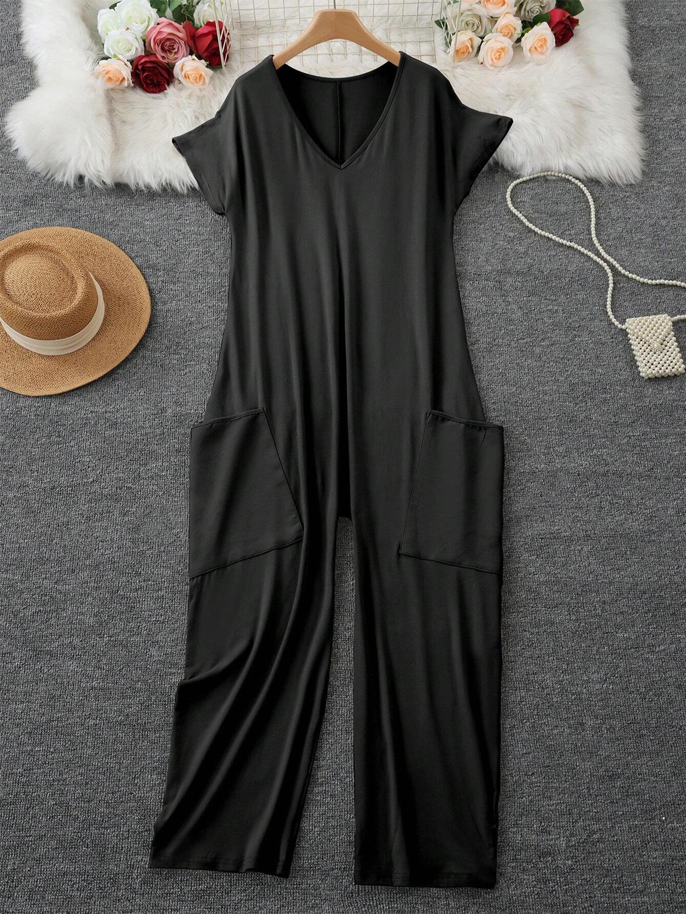 Women's Solid Color V-Neck Oversized Pocket Low Waist Jumpsuit, Casual Home Wear, Comfortable One-Piece Pants, Perfect for Daily Use