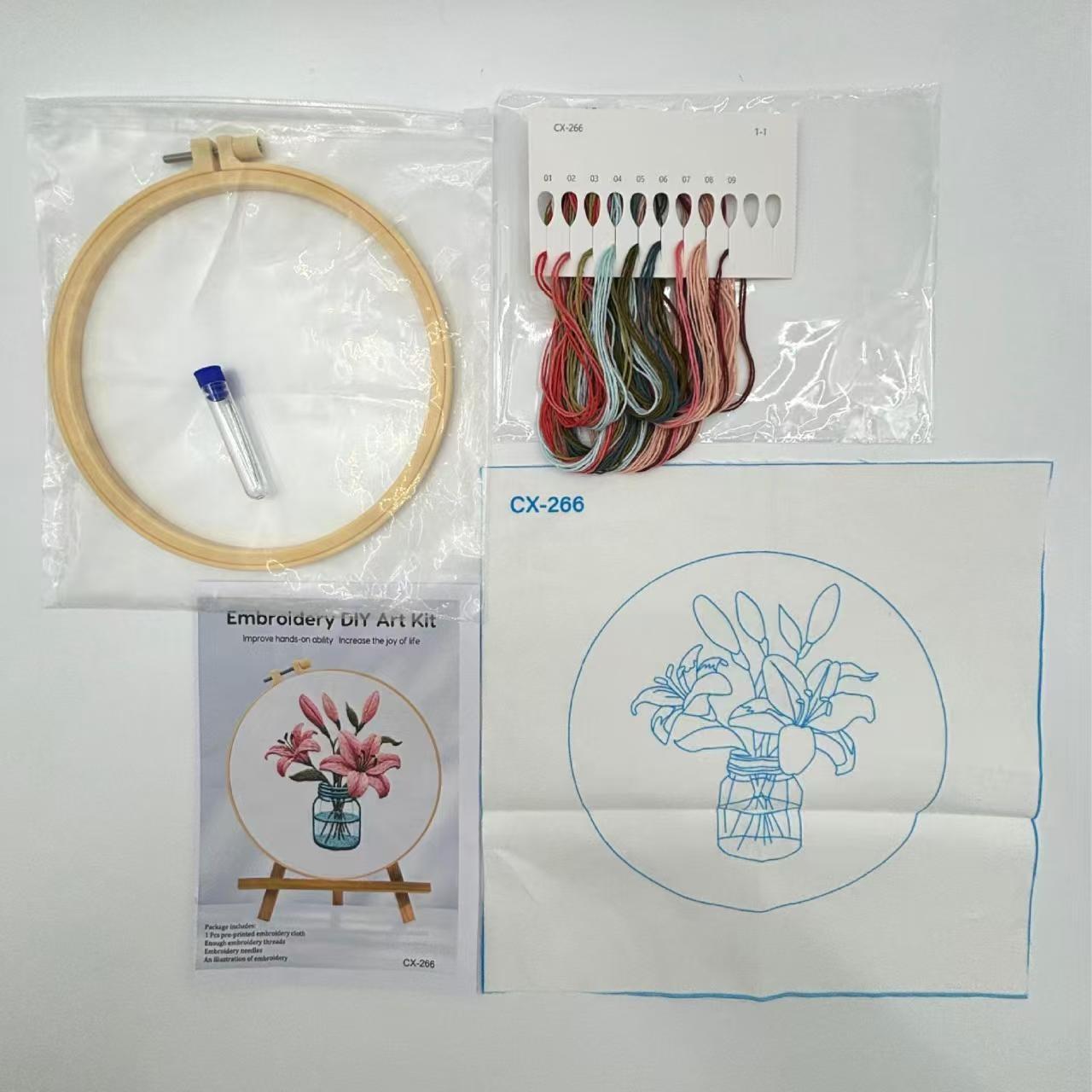 Beginner Embroidery Kit, Elegant Cross Stitch Set, Lily Pattern, DIY Embroidery Lovers, Includes Printed Cotton Fabric, Thread, Needle, Chart