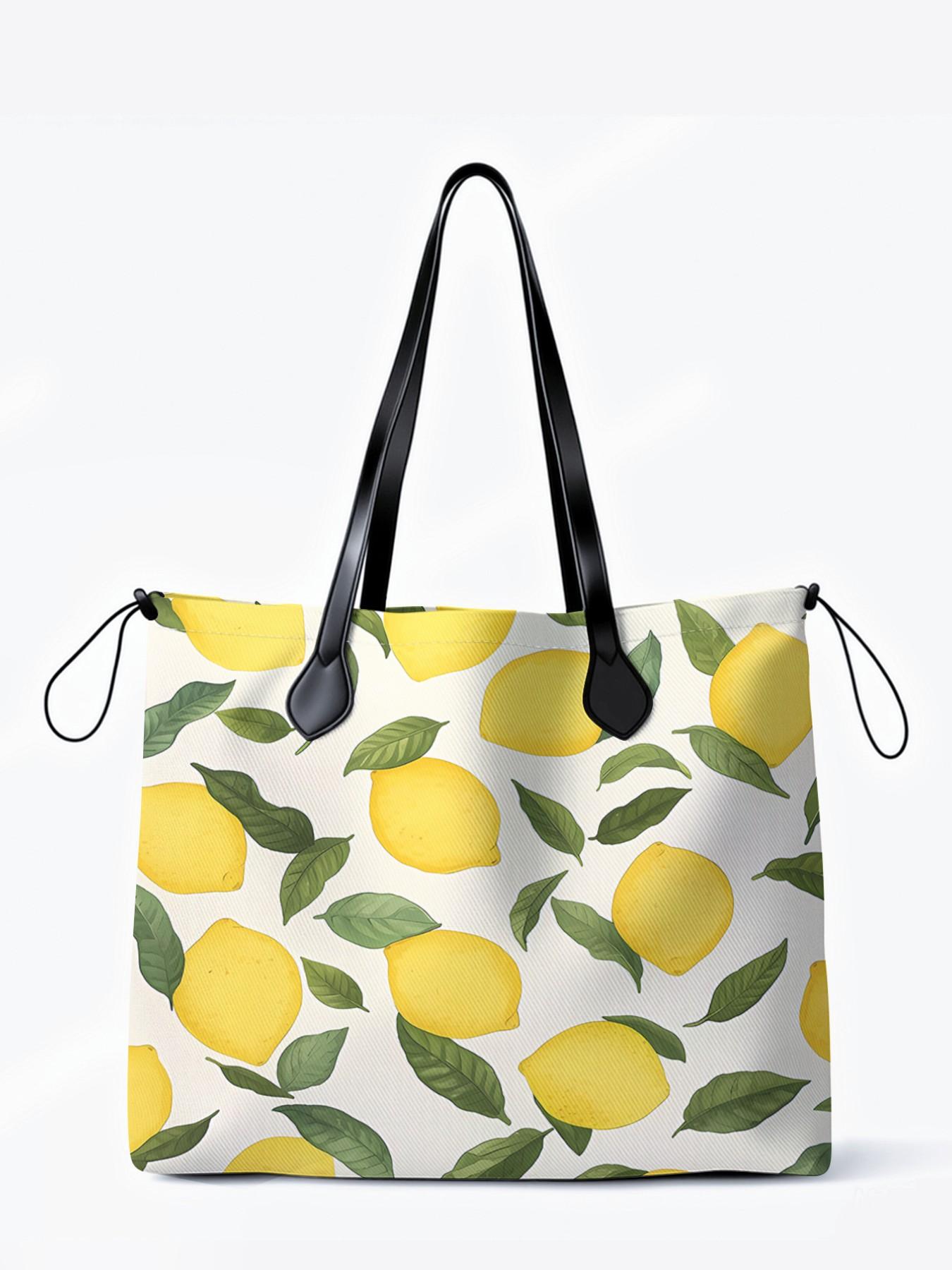 Lemon Pattern 2D Printed Drawstring Tote Bag, Large Capacity Shopping Bag, Durable and Wear-Resistant, Ideal for Work, Shopping, Picnic