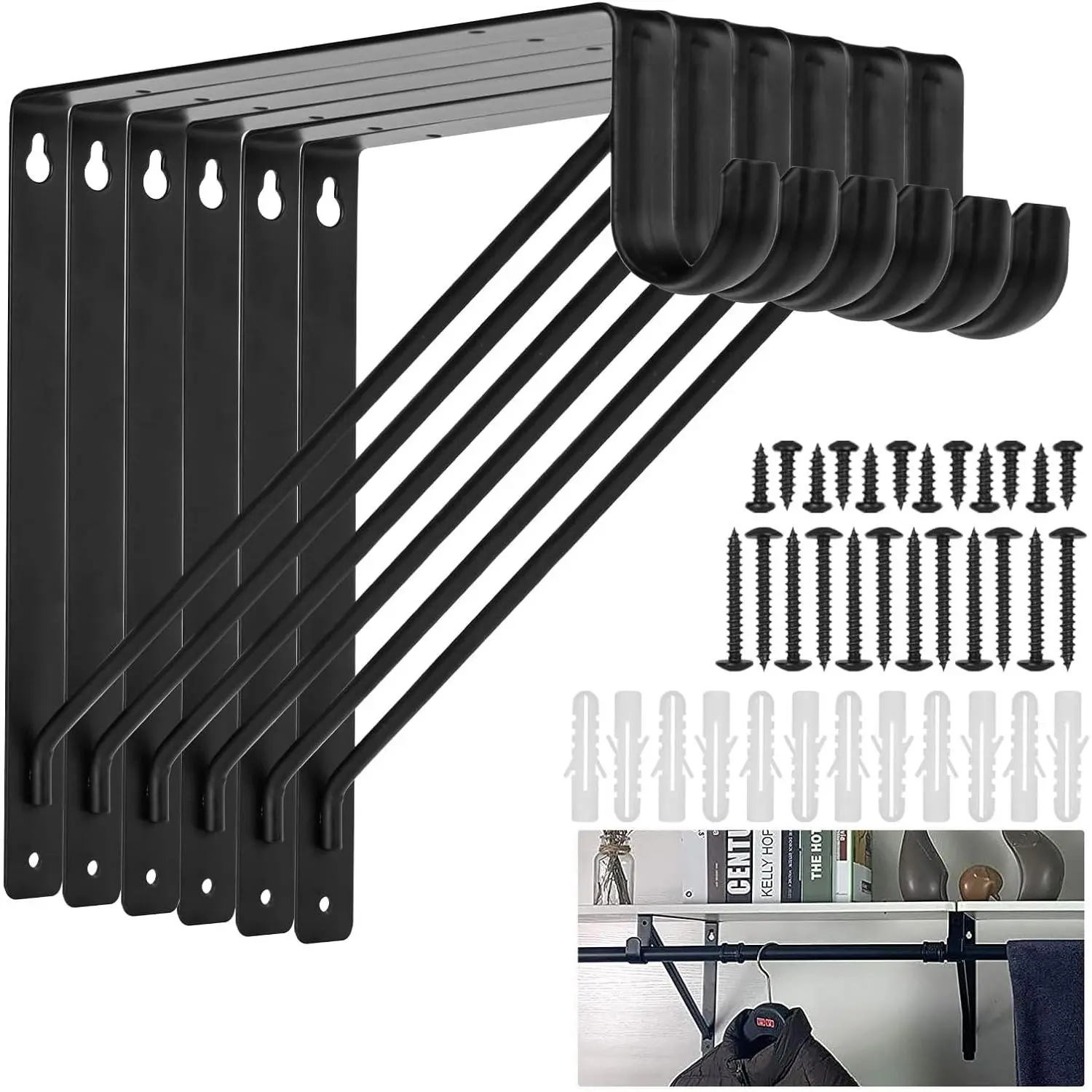 6 PCS Heavy Duty 11 x 11 Inch Closet Rod Shelf Brackets, Supports Up to 300 lbs, Wall Mount Closet Rod Support Bracket Hooks with Screws, Black Closet Rod Holders for Home Closet Decor