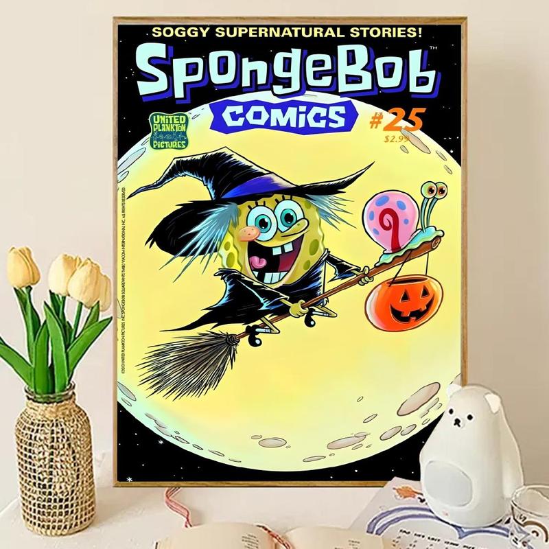 Animated Cartoon S-Sponge-Bob Poster Sticky Wall Art Printing Waterproof Modern Aesthetic Home Living Bedroom Decor Trendy Room Decoration Gift Durable High Quality