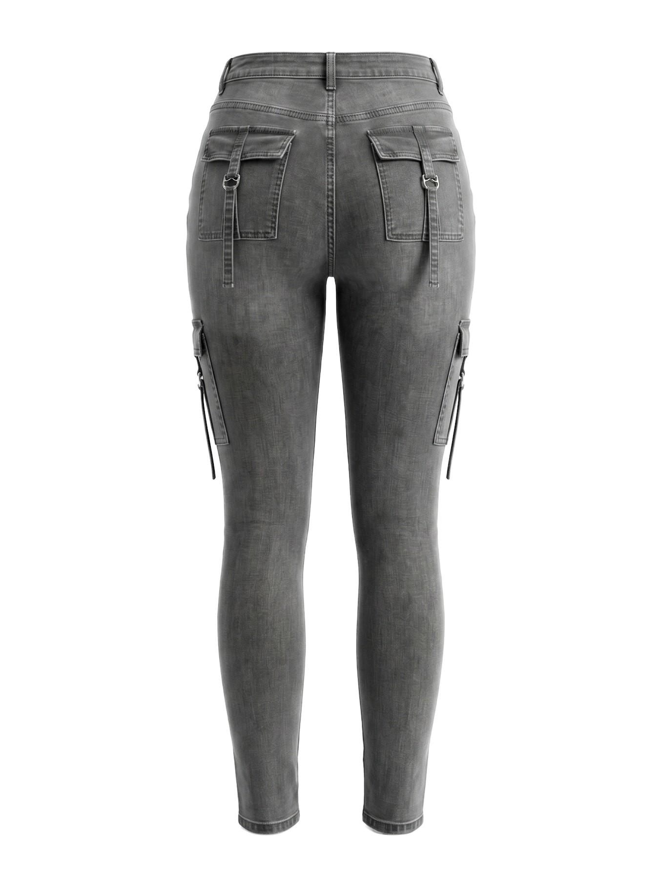 Women's Washed High Waist Denim Jeans, Multi Pocket Strap Decor, Slim Fit Cargo Style, Ideal for Streetwear, Fall & Winter