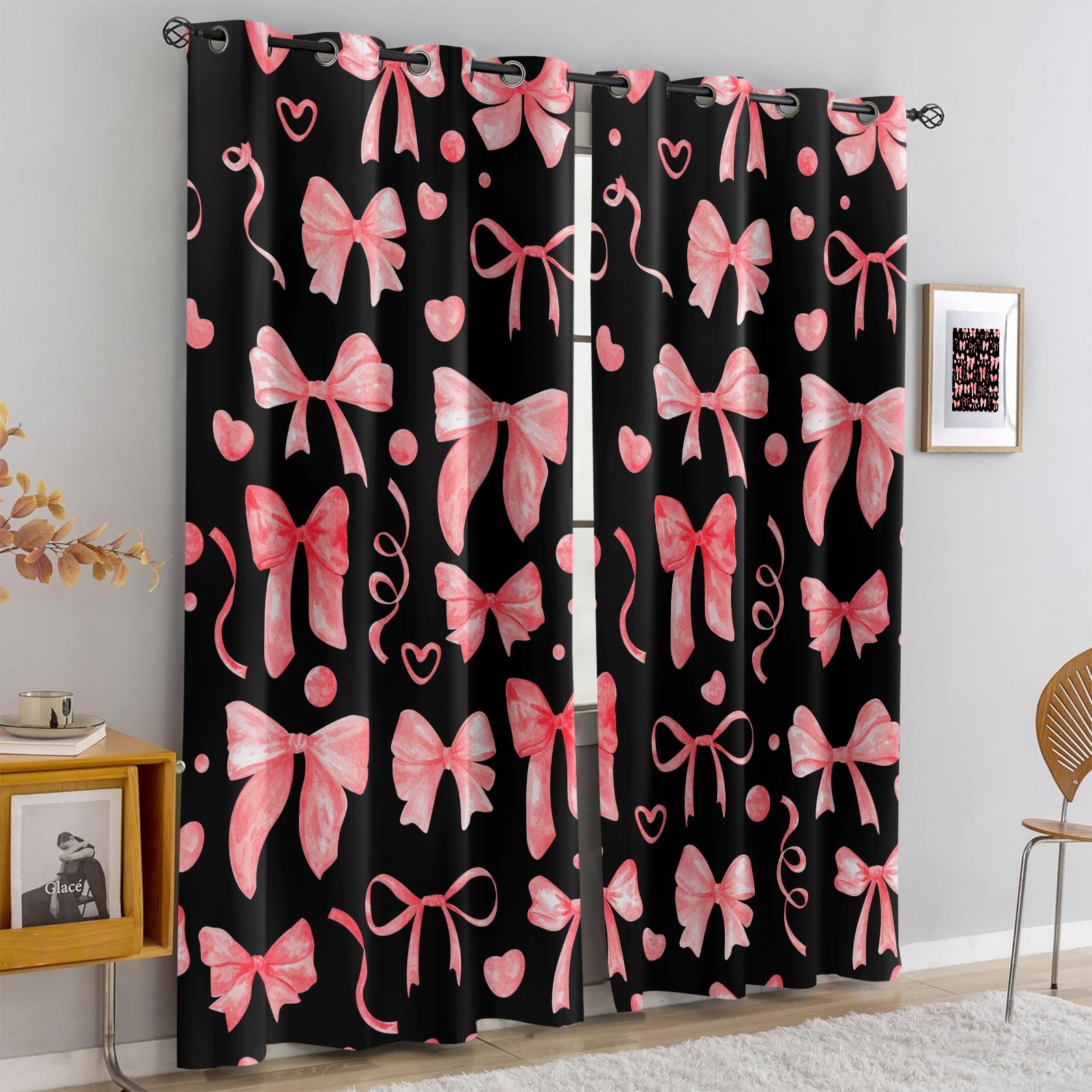 2 Panels Set Cute Coquette Bow Print Blackout Curtains, Y2K Aesthetic Darkening Grommet Window Drapes, Privacy Protection & Light Blocking, Perfect for Bedroom, Living Room, Dorm & Girls' Room Trendy Home Decor