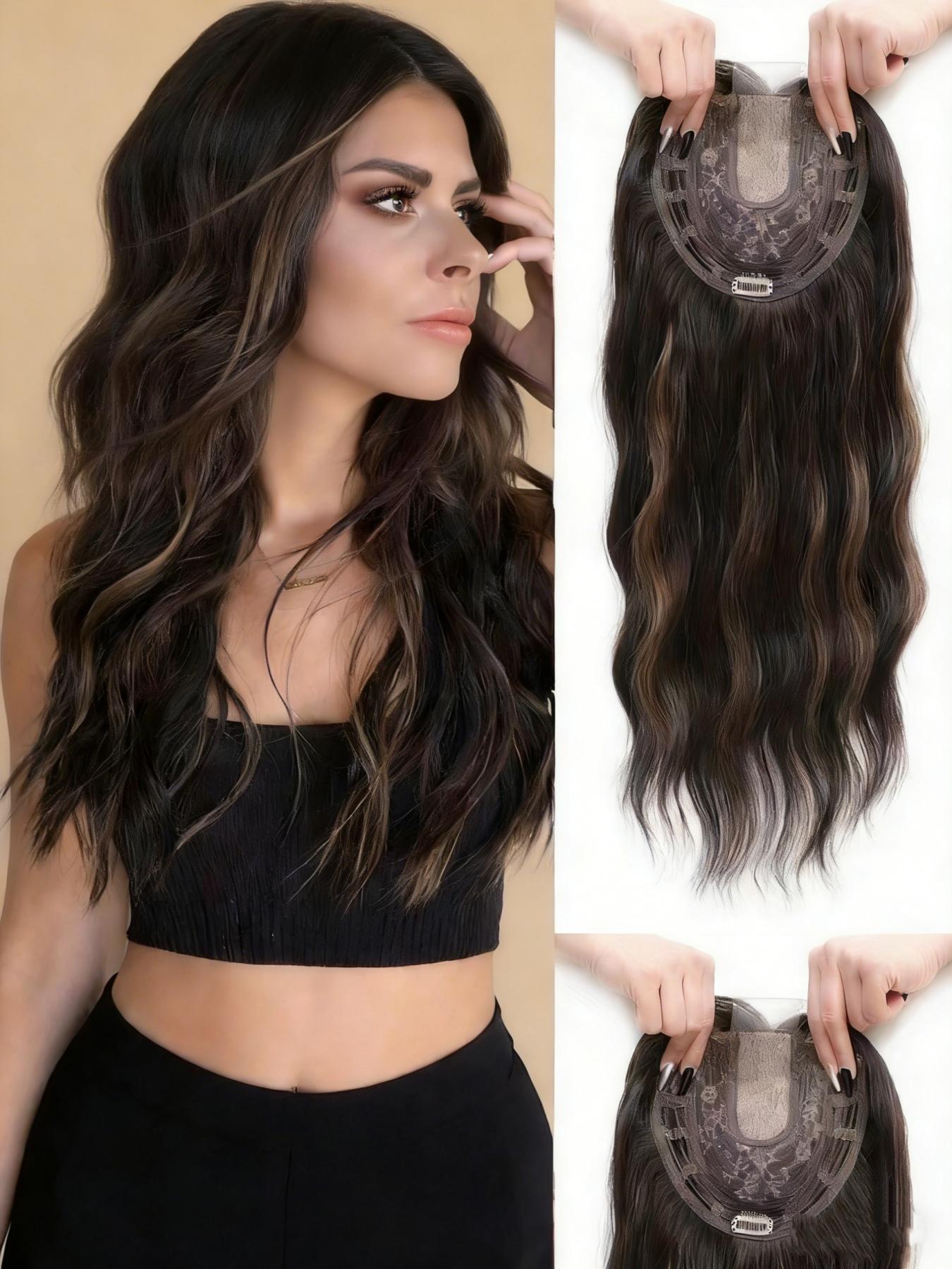 🔥 Instant Volume Boost! 22" Dark Brown Balayage Wavy Hair Topper, Clip-In Design, 100% Premium Kanekalon Synthetic, Seamless Blend for Thinning Hair & Daily Confidence!