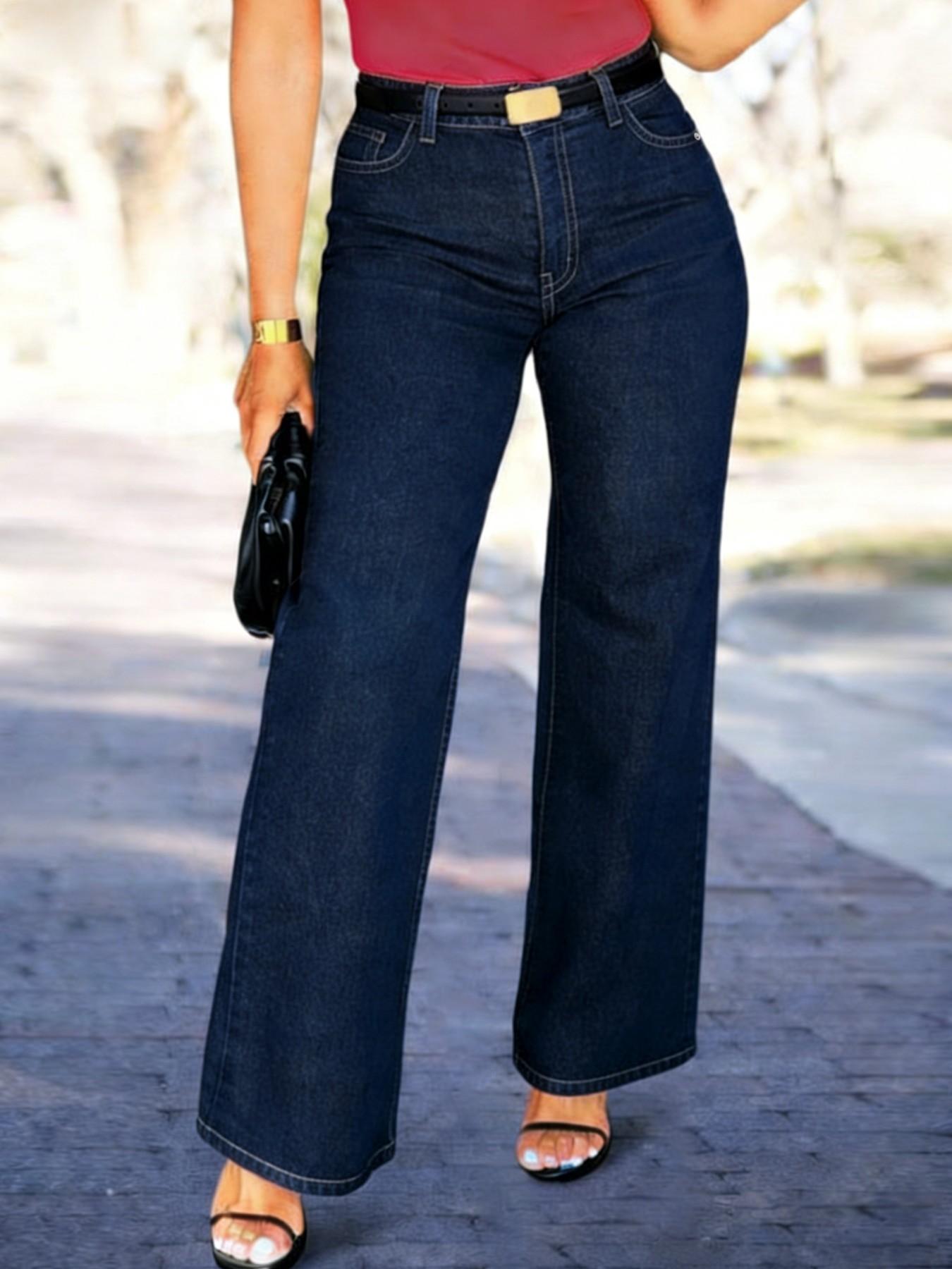 Women's High-Waisted Loose Fit Denim Jeans, Stretchy Fabric Casual All-Season Wear, Fashionable Straight Leg Jeans for Dating & Leisure