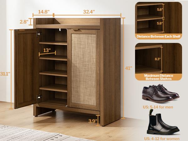 SICOTAS Shoe Cabinet, 24 Pair Shoe Storage Organizer Cabinet, 41" Tall Rattan Shoe Cabinet with Doors and Shelves, 6-Tier Farmhouse Boho Storage Cabinet for Entryway Hallway Closet Bedroom, Everlasting Design, Durable SICOTAS Shoe Cabinet, 24 Pair Shoe Storage Organizer Cabinet, 41" Tall Rattan Shoe Cabinet with Doors and Shelves, 6-Tier Farmhouse Boho Storage Cabinet for Entryway Hallway Closet Bedroom, Everlasting Design, Durable