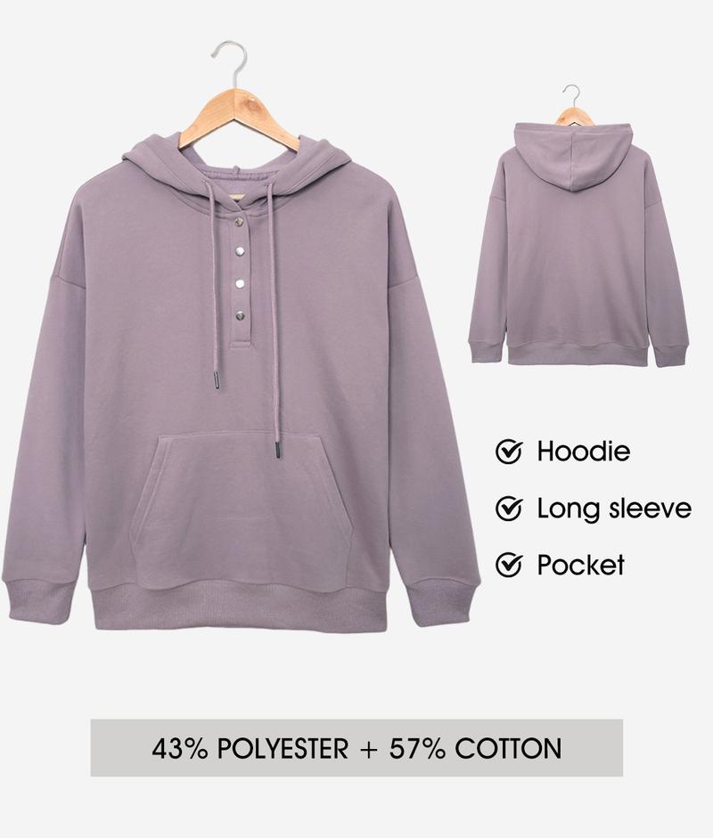 Shewin 2026 Cozy Oversized Hooded Sweatshirt Women's Button-Down Long Sleeve Pullover Comfy Layering with Pocket Casual Daily Outfits Fall Clothing Trendy Y2K Fleece Style Womenswear