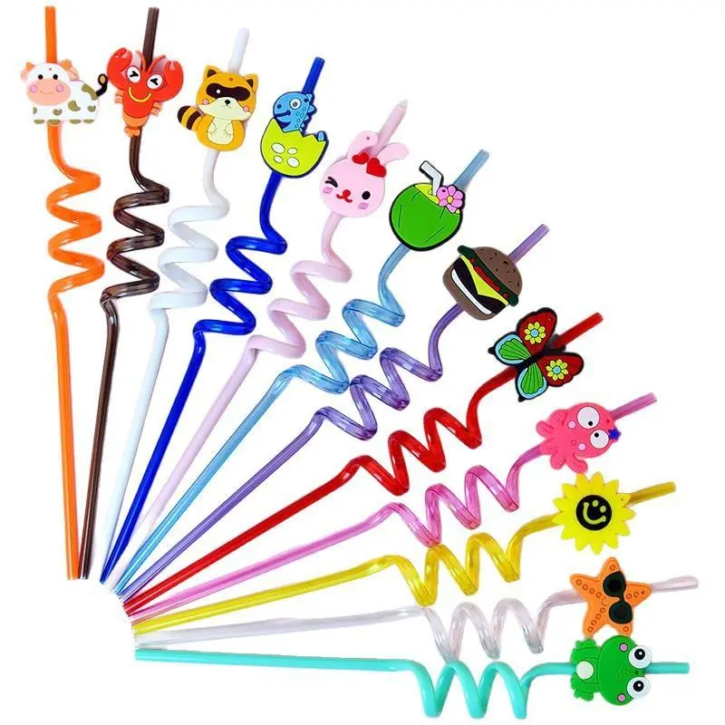 12 PCS Sturdy Colorful Curly Reusable Straws for Kids School Use, Food-Grade BPA-Free Plastic with Cartoon Animal & Food Designs, Drink/Beverage Party Favors for Birthdays, Wavy, Eco-Friendly, Wavy Stem, Plastic Safe, Curly Shape, 12Pcs, Sturdy Thick