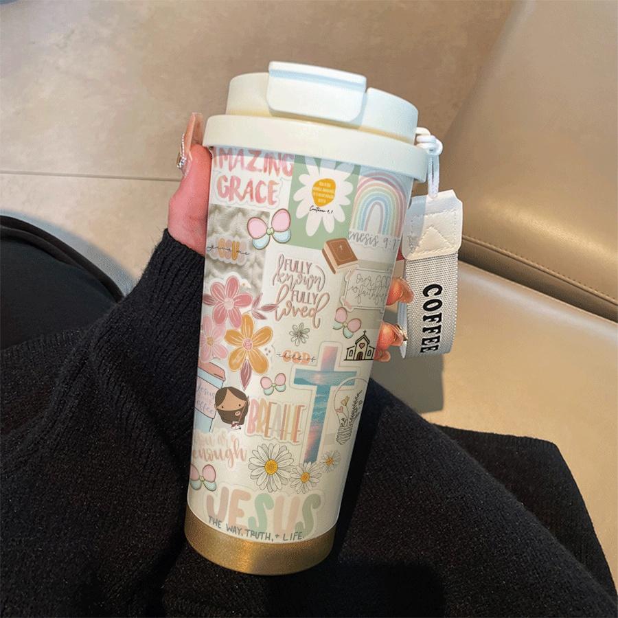 Premium Religious Double Wall Insulated Coffee Cup, 530ML Stainless Steel Vacuum Travel Mug with Straw and Lid, Ideal for Hot/cold Drinks, Flasks