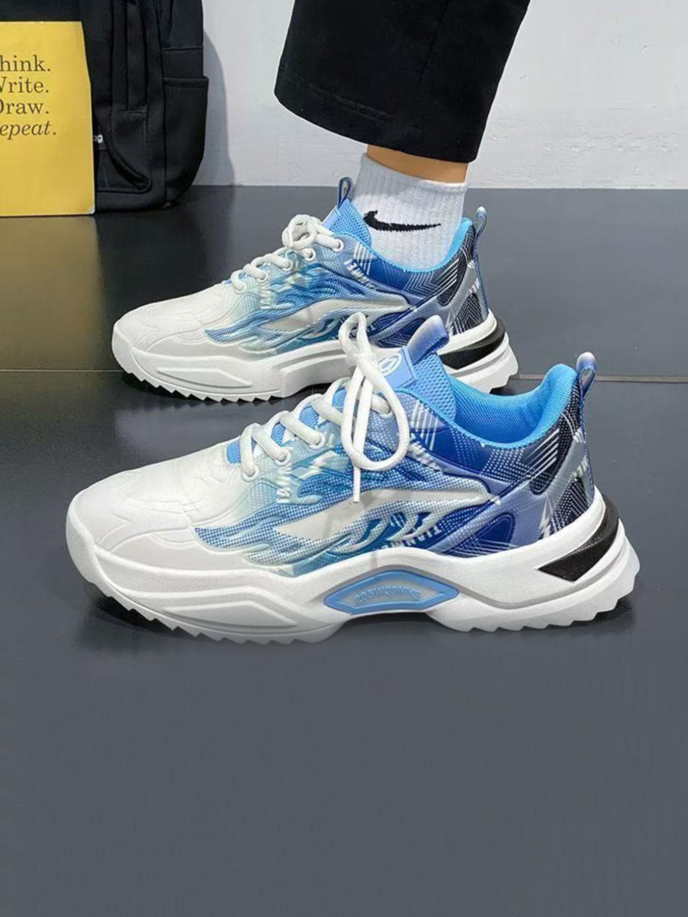 Men's Trendy Dad Shoes, Ice Blue Gradient Mesh, Lightning Print, Thick Sole, Breathable Soft Bottom, Anti-Slip Running Shoes, Sizes 39-45