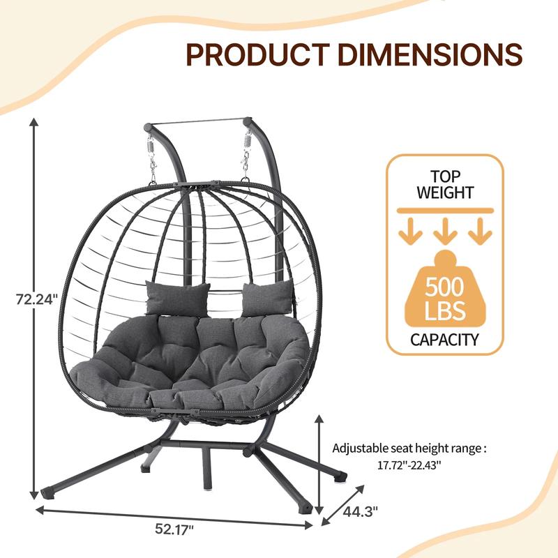 UDPATIO Outdoor Double Wicker Swing Egg Chair 2 Person Foldable Hanging Egg Chair with Stand, Porch Swing Loveseat for Patio, Balcony, Porch, Indoor&Outdoor