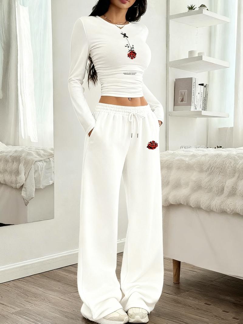 Y2K Campus Sweet Girl Back-To-School Set, Ruched Top & Wide Leg Pants, Youthful and Stylish, Perfect for Daily Wear