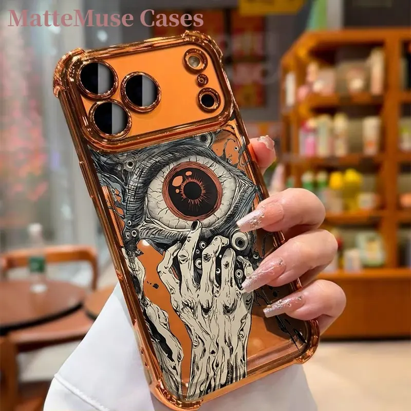 Gothic Eyeball Monster Casing - Glossy Orange Electroplated Frame, Black Skeletal Hands, Edgy Dark Weirdcore Aesthetic, Drop-Proof Shockproof Phone Case for iPhone 11-18 ProMax Plus, Samsung S23-S26 Ultra