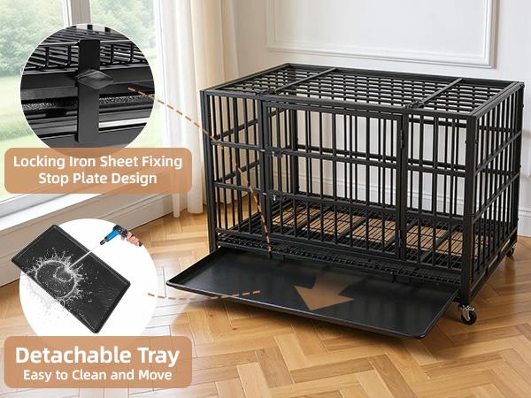 38” Heavy Duty Indestructible Dog Crate, High Anxiety Dog Crate, Escape Proof Dog Cage Kennel with 4 Lockable Wheels, Double Sturdy Locks, Double Door and Removable Tray Design