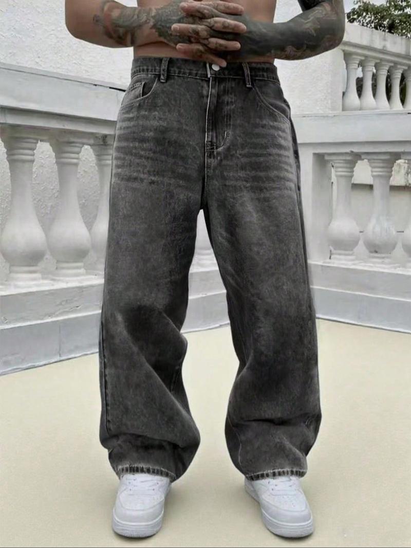 Men's Loose-Fit Denim Jeans, Fashionable Street Style Hip-Hop Washed Jean Pants, Comfortable All-Season Wear, Trendy American Design Men's Loose-Fit Denim Jeans, Fashionable Street Style Hip-Hop Washed Jean Pants, Comfortable All-Season Wear, Trendy American Design